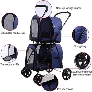 Pet Stroller Double Pet Stroller for Cats and Dog Four Wheels Carrier Strolling C Detachable 3 in 1 Pet Stroller Dual Entry Blue (Blue)