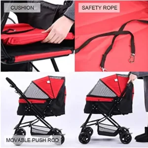 Pet Stroller or Dog cart 4 Wheel Cat Cage Stroller Reversible Handle Bar with Cushion Pet Travel Folding Carrier Strolling Cart Strong