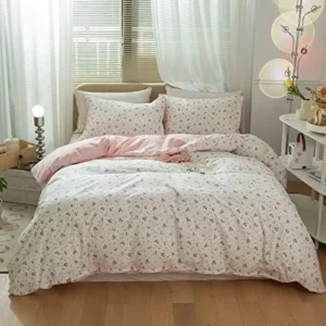 Pink Floral Full Duvet Cover Set – Soft Garden Flower Bedding with 1 Duvet Cover and 2 Pillowcases