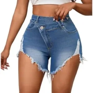 PINSV Women’s High Waisted Crossover Denim Shorts