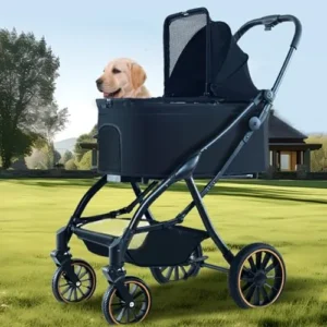 PJDDP 4 Wheels Dog Strollers, 3-in-1 Dog Cat Pet Strollers One-Hand Automatic Folding Rubber Wheel with Shock Absorbers Dog Stroller for Small Medium Dog Cat with Detachable Carrier,Red