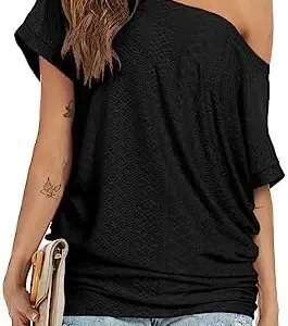 Poetsky Women’s Summer Off Shoulder Short Sleeve Shirts Loose Casual Batwing Sleeve Oversized Tunics Tops