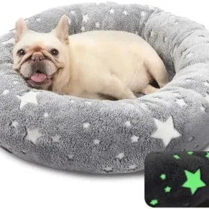 POMESEA Glow in The Dark Pet Bed for Dogs & Cats – Soothing Anti-Anxiety Donut Cuddler, Cozy Soft Round Bed, Ultrasoft Luminous Plush Cushion for Small to Large Breeds, Gray M 20”