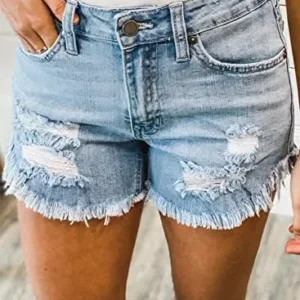 QACOHU Women’s 2024 Casual Summer Denim Shorts Mid Waisted Stretchy Ripped Jean Shorts Casual Shorts