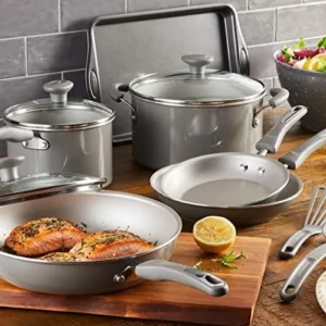 Rachael Ray Get Cooking! Nonstick Cookware Pots and Pans Set, Includes Baking Pan and Cooking Tools, 12 Piece – Gray