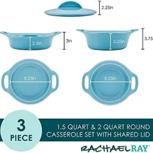 Rachael Ray Solid Glaze Ceramics Casserole Bakeware/Baker Set with Shared Lid, 3 Piece, Agave Blue