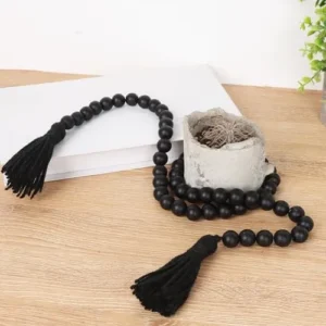 RAMIRABI Wood Beads Garland with Tassels Farmhouse Beads Rustic Prayer Beads Boho Beads for Boho Home Decor,Wall Hanging Decoration (Black)