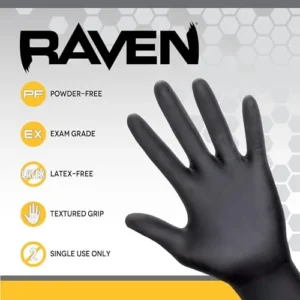 Raven Powder Free Nitrile Disposable Gloves | 7 Mil – Med | Latex Free, Chemical + Puncture Resistant, Textured Grip, Single Use | for Automotive, Industrial, Janitorial, MRO, Food Service | 66517