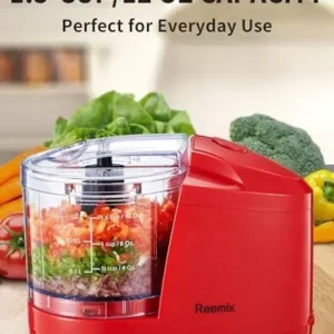 Reemix 1.5-Cup One-Touch Electric Food Chopper, 100W Mini Food Processor Meat Grinder, Mix, Chop, Mince and Blend Vegetables, Fruits, Nuts, Meats, Stainless Steel Blade (Red)