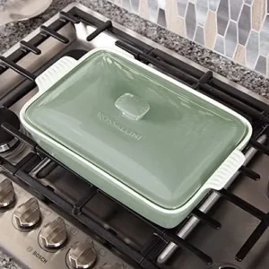 ROSSALLINI Stoneware Casserole Dish Bakeware Set with Lid, Covered Rectangular Dinnerware, Extra Large 4.23 Quart, 13 by 9 Inch, Verde Salvia [Sage Green]