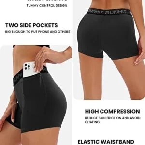 Runhit 3 Pack Compression Shorts for Women High Waisted Yoga Shorts with Pockets Spandex Running Volleyball Shorts