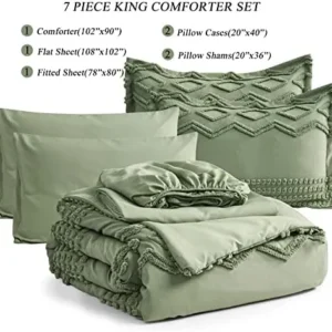 Sage Green Tufted Comforter Set King Size 7 Piece Bed in a Bag, Shabby Chic Boho Comforter and Sheet Set, Pom Pom Textured Bed Set, All Season Soft Microfiber Complete Bedding Set(Green,King)