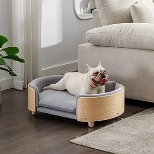 Scandinavian Style Elevated Dog Bed Pet Sofa with Solid Wood Legs and Bent Wood Back, Velvet Cushion,Mid Size Light Grey