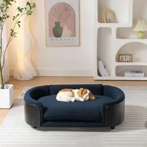 Scandinavian Style Elevated Dog Bed Pet Sofa with Solid Wood Legs and Black Bent Wood Back, Cashmere Cushion,Large Size