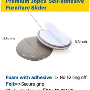 Self-Adhesive Furniture Sliders for Carpets, Furniture Moving Pads (36Pcs) 1-3/4″ Furniture Mover Glides, Self Sticks Carpet Furniture Carrier-Move Any Item Quickly and Easily!