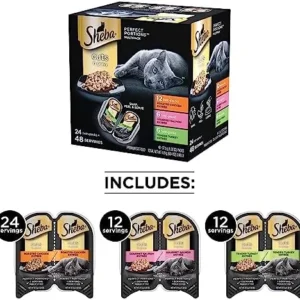 SHEBA PERFECT PORTIONS Cuts in Gravy Adult Wet Cat Food Trays (24 Count (pack of 2), 48 Servings), Roasted Chicken, Gourmet Salmon and Tender Turkey Entrée, Easy Peel Twin-Pack Trays