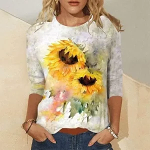 Shirts for Women 3/4 Length Sleeve Crewneck Womens Tops Spring Summer Casual Sunflower Print Blouses for Women