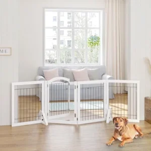 SPIRICH 96-inch Extra Wide 30-inches Tall Dog Gate with Door Walk Through, Freestanding Wire Pet Gate for The House, Doorway, Stairs, Pet Puppy Safety Fence, Support Feet Included (White)