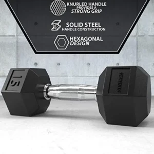 Synergee 15 LBRubber Encased Hex Dumbbells with Chrome Handle. Sold Individually All Purpose Weights for Strength & Conditioning Training.