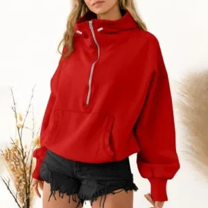 TBA High Neck Hoodies for Women Oversized Half Zip Drawstring Y2K Pullover Sweater Casual Long Sleeve Sweatshirt with Pockets