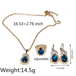 Teardrop Crystal Jewelry Set Plated 14K Gold Statement Waterdrop Dangle Tear Pendant Necklaces Adjustable Shine Rhinestone Drip Charm Ring for Women Girls Wedding Party Accessories