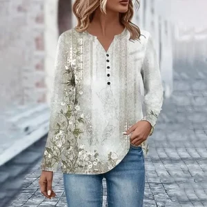 Tee Shirts Womens Fall Ethnic Floral Baggy Bohemian Tops Long Sleeve Henley Neck V Neck Button Down Shirts Sweatshirt