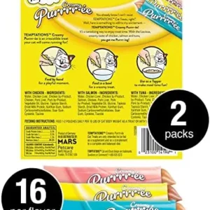 Temptations Creamy Puree with Chicken, Salmon, and Tuna Variety Pack of Lickable, Squeezable Cat Treats, 0.42 Oz Pouches, 48 Count