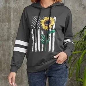 TICTICMIMI Women Sunflower Print Sweatshirts Color Block Long Sleeve Hoodies Lightweight Drawstring Pullover Tops