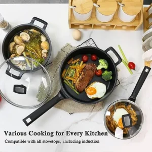 Tieplis Pots and Pan Set, 5-Piece Cookware Sets with Lids, Induction Kitchen Cookware Sets with Stay Cool Handles, Forged Aluminum Pots and Pans Set Nonstick, Oven & Dishwasher Safe, Black, PFOA Free