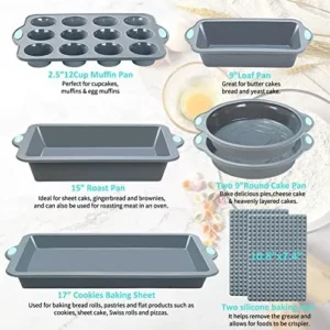 To encounter 8 in 1 Silicone Baking Set – 6 Silicone Molds – 2 Silicone Baking Mat, Nonstick Cookie Sheet, Cake Muffin Bread Pan with Metal Reinforced Frame More Strength, Light Grey