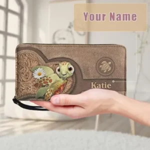 Tuoxiukan Customized Name Wallets for Women Sea Turtle Wristlet Wallets Zipper PU Leather Phone Case Water-proof Large Capacity Cash Coin Organizer Clutch Purse Christmas Gifts for Wife Girlfriend