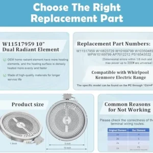 Upgraded OEM home W11517959 10″ Dual Radiant Surface Element Compatible with Whirlpool Ken-more and KitchenAid Electric Range, W10275048 Haliant Element Replace AP7012212, W10823729, W10350485