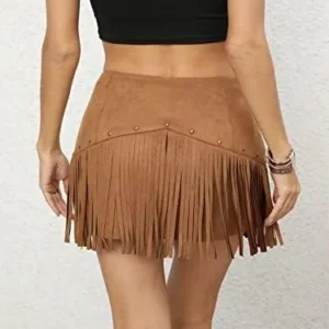 Verdusa Women’s High Waist Faux Suede Fringe Zipper Back Beaded Mini Bodycon Skirt