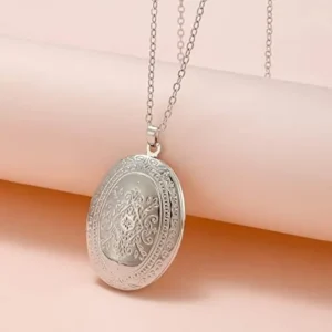 Vintage Flower Locket Picture Pendant Necklace Engraved Antique Carved Pattern Oval Heart-shaped Necklace For Women Girls Hold Picture Souvenir Memorial Jewelry