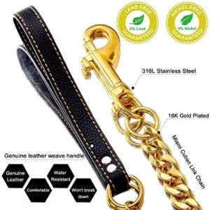 W/W Lifetime Chain Dog Leash Metal Chew Proof Leash, Leather Handle 11mm Gold 18K 4.5FT Heavy Duty Pet Leash Chain, with Padded Handle for Large Medium Small Dogs (Totally Length of 4.5FT)