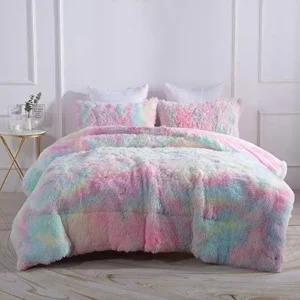 Wajade Faux Fur Plush Rainbow Comforter Set Fluffy Fuzzy Shaggy Bedding Set – 3PC Full Size Microfiber Soft Warm Quilt Set