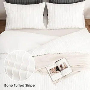 WARMDERN White Boho Duvet Cover Set King Size, Striped Textured Duvet Cover Tufted Bedding Set, 3 Pcs Ultra Soft Washed Microfiber Duvet Cover with Zipper Closure (King, White)