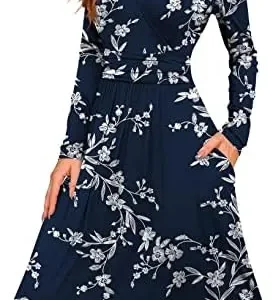 WEACZZY Womens Long Sleeve Deep V-Neck Formal Dress Pleated Waist Knee Length Dresses with Pockets