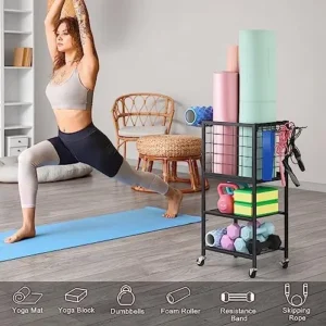 Weight Rack for Home Gym Dumbbells Yoga Mat Storage Rack Cart Small Metal Wood Home Gym Workout Equipment Storage with Hooks for Yoga Block Foam Rollers Resistance Bands