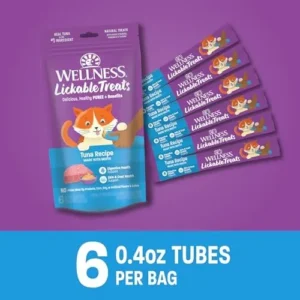 Wellness Lickable Treats Soft Puree Natural Grain Free Cat Treats, Tuna, Contains 6-0.4 Ounce Tubes