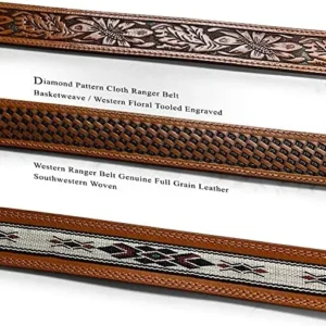 Western Pattern. Basketweave. Floral Tooled Engraved Genuine Full Grain Leather Ranger Belt, Assembled in the U.S