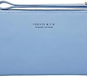 Women Faux Leather Long Wallet Wristlet Handbag with Touch Screen Clear Phone Window (Light Blue)