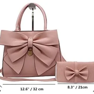 Women Handbag 2 Pcs Set Big Bow-Knot PU Leather Top Handle Bag Designer Tote Bag Clutch Wallet Set for Ladies