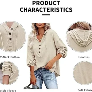 Womens Hooded Button Collar Drawstring Hoodies Pullover Sweatshirts Casual Long Sleeve Top Shirts