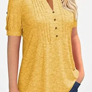 Women’s Zipper Summer Pleated Button Short Sleeve T-Shirt Summer V-Neck Solid Color Casual top