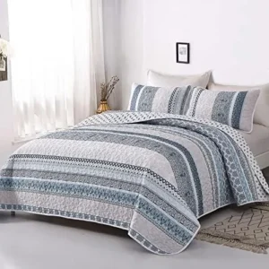 WONGS BEDDING Boho Quilt Set Queen Size, Light Blue Bohemian 3 Pieces Quilt Sets, Lightweight Summer Bedspread Coverlet Bedding Set for All Season (96″x90″)