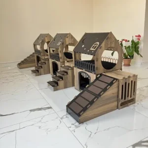 Wooden Cat House, Modern Rabbit House, Triple Pet House, Pet Furniture, QPRPET New House, Pet Playground, Cat Furniture, Dog House, Pet Bed, Cat Bed (Dark Walnut)