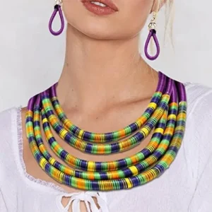 Wosois African Necklace Earrings Set Multilayer Woven Rope Choker Layered Strand Collar Statement Jewelry Accessories for Women and Girls