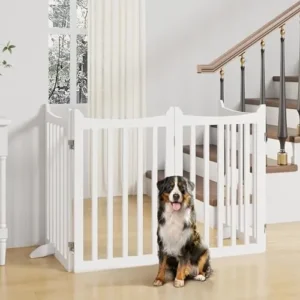 Yaheetech 36″ H Extra Tall Freestanding Pet Gate 4-Panel Wooden Dog Fence with 2 Support Feet Folding Dog Gate for Indoor, Stairs, Doorways, Halls, Kitchen Wooden Pet Barrier White, 79.5″ L x 36″ H