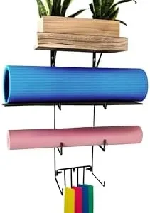 Yoga Mat Holder Wall Mount, 3-Tier Space-Saving Gym Décor Accessory Rack With 4 Hooks and Wooden Shelf For Home Gym Workout Accessories Storage And Organization